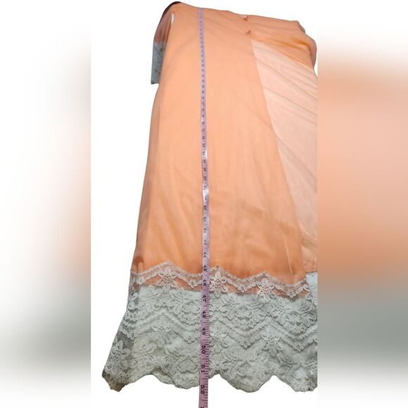 Vintage 60s 70s Robe Duster Flowy Glam BOHO Bell Sleeve Sheer Lace Coral Peach S - Picture 8 of 16